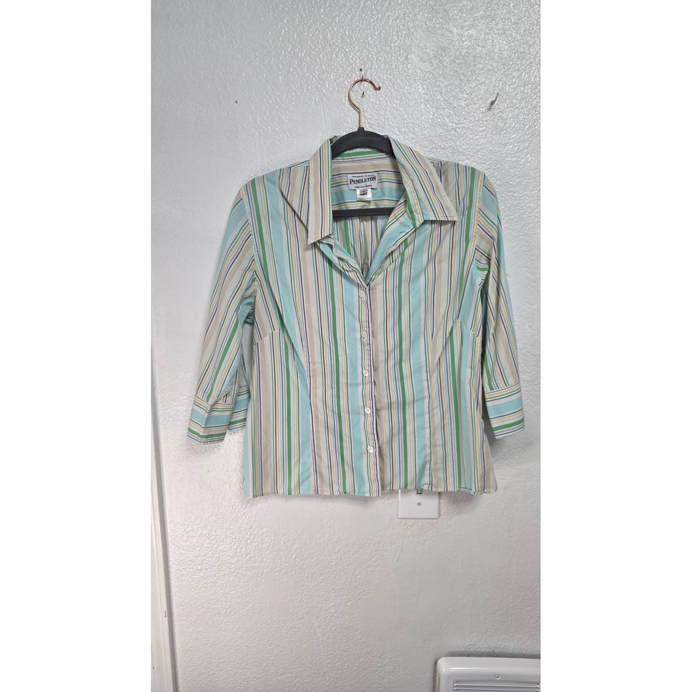 Pendleton Striped Button Down Shirt Womens Large Blue Green Excellent